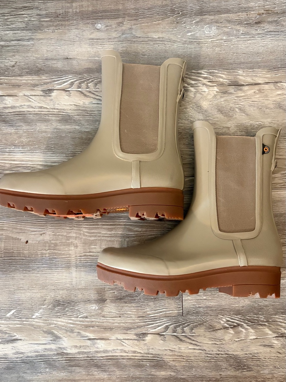 Bogs Taupe Chelsea Rain Boots with Brown Lug Sole